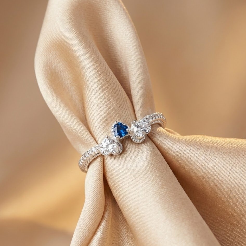 Anel Triplo Coração Azul