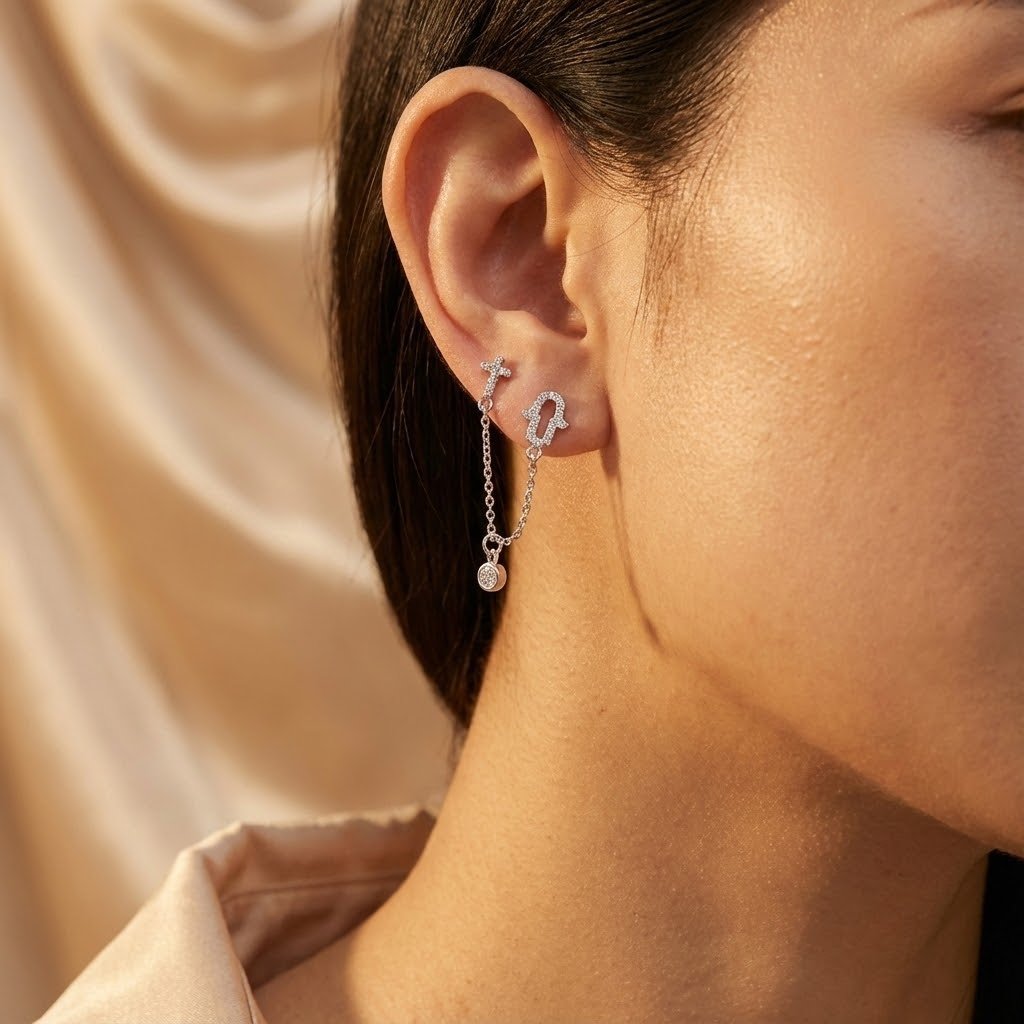 Brinco Mão de Fátima e Cruz c/ Corrente