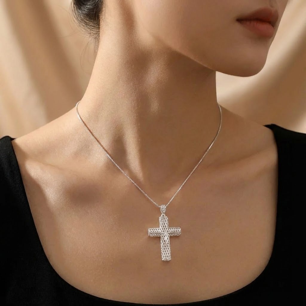 Colar Cruz Renda Italiana Prata 925