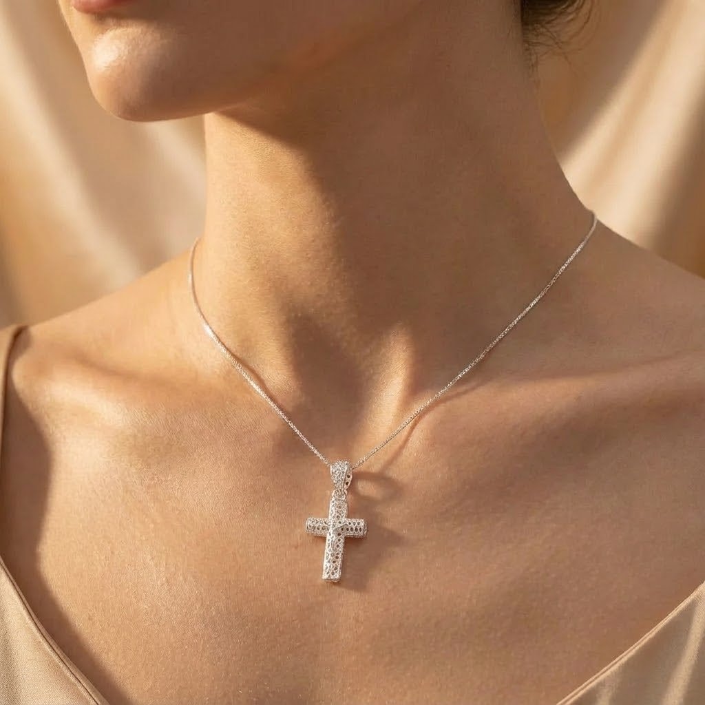 Colar Mini Cruz Cristo Renda Prata 925 40cm