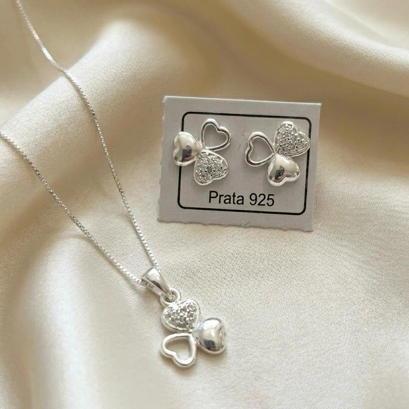 Conjunto Colar e Brinco Trevo Cravejado